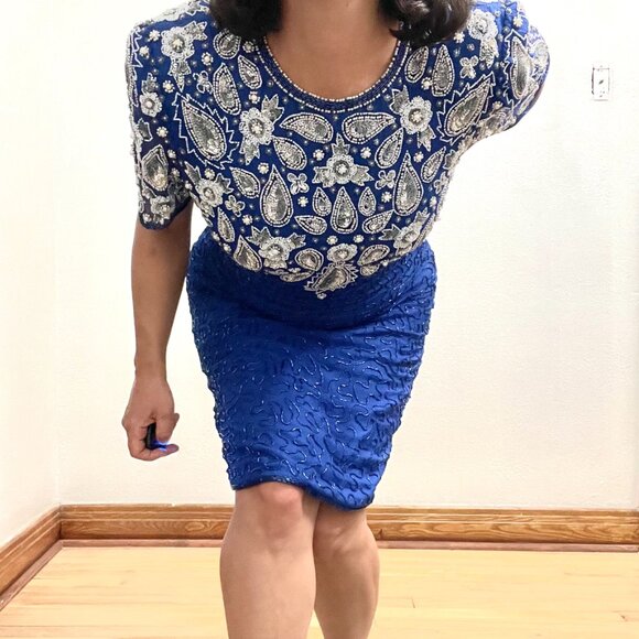 Vintage 80s Laurence Kazar 100% silk royal blue sequin/ beaded mini dress - Picture 8 of 8